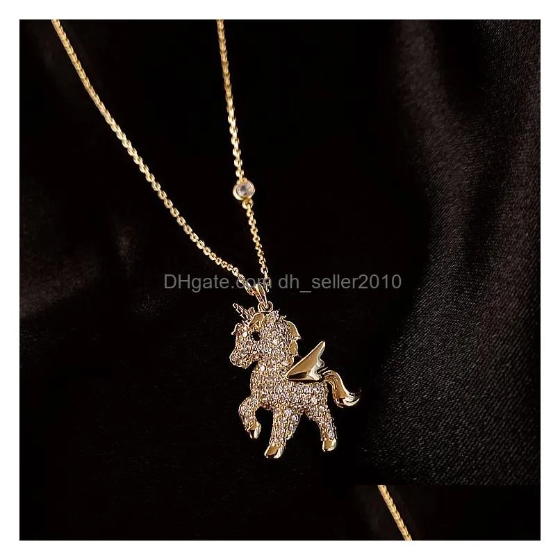 korean personality simple rhinestones unicorn pendant necklace temperament sweet girl women fashion jewelry accessories