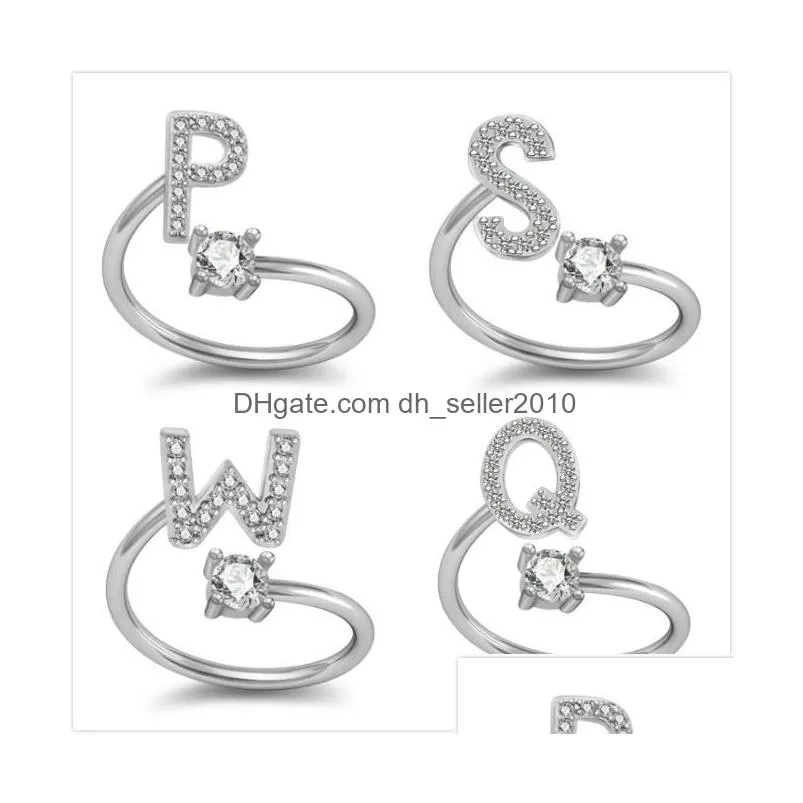 White Gold Cubic Zirconia AZ English Initial Letters Custom Name Finger Ring Bling Diamond Free Size Open Cuff Rings DIY Jewelry for