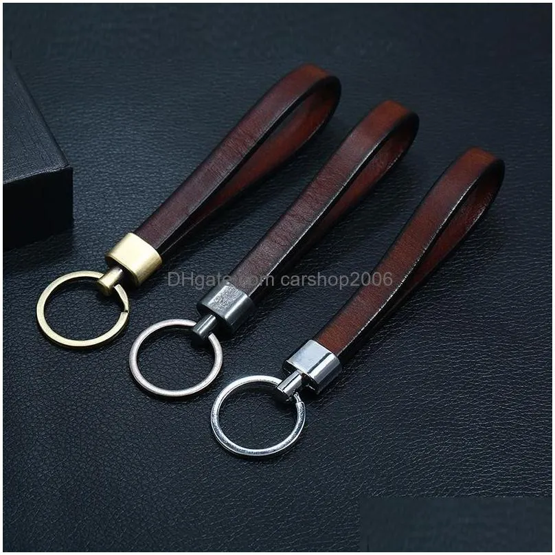 top quality antique simple design mens womens keychain ring black brown ox real leather chains key chain jewelry gifts for sale