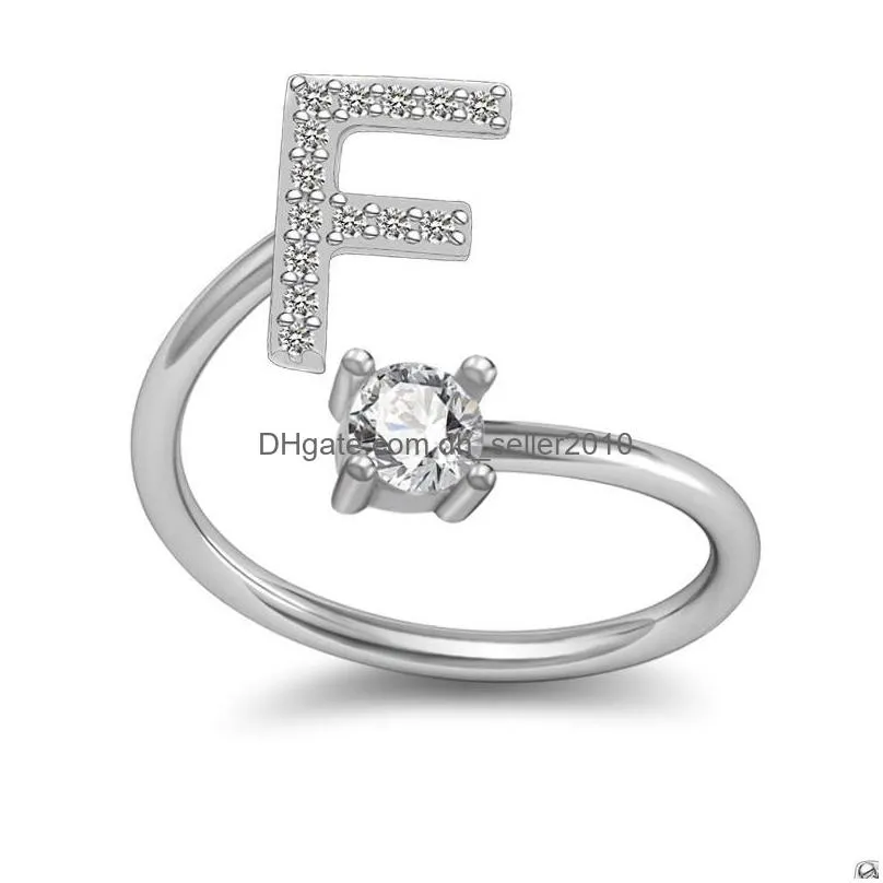 White Gold Cubic Zirconia AZ English Initial Letters Custom Name Finger Ring Bling Diamond Free Size Open Cuff Rings DIY Jewelry for