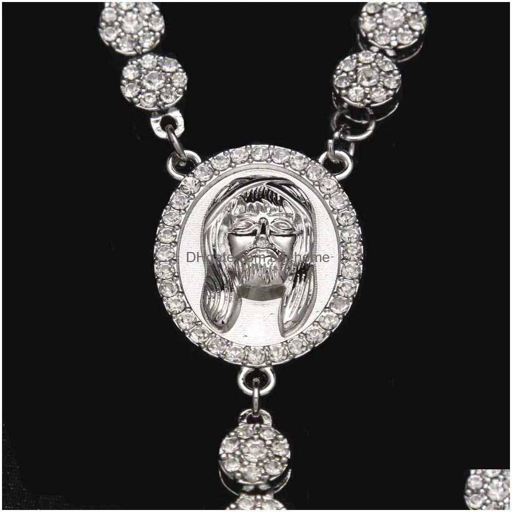 2019 new gold plated cubic zirconia mens jesus round portrait cross tennis chain necklace rosary designer luxury hip hop jewelry for