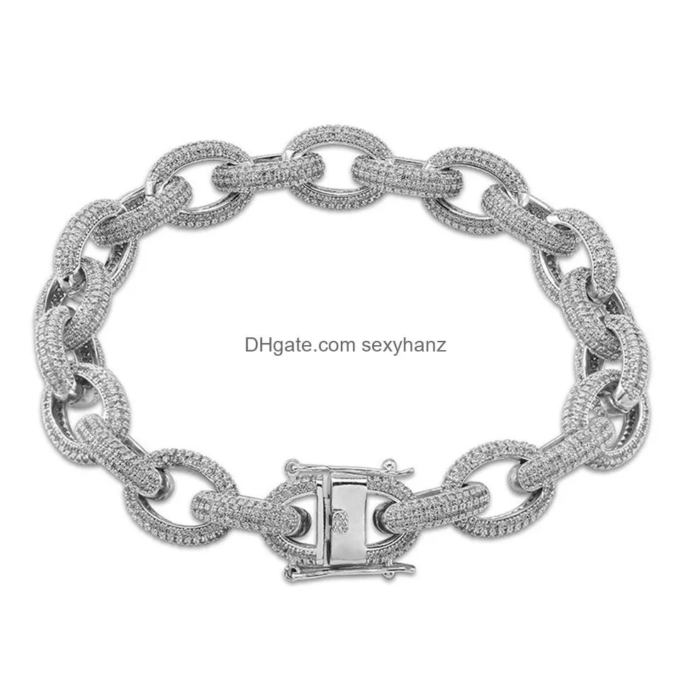 18k gold cz cubic zircon hip hop cuban link chain bracelet 12mm 7/8inch  rock rapper jewelry copper wristband chains for men