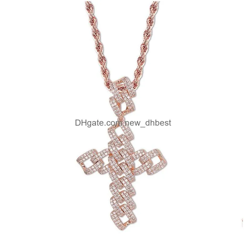 mens 18k gold white gold cz cubic zircon iced out cross pendant necklace chain full diamond luxury hip hop rapper jewelry gifts for