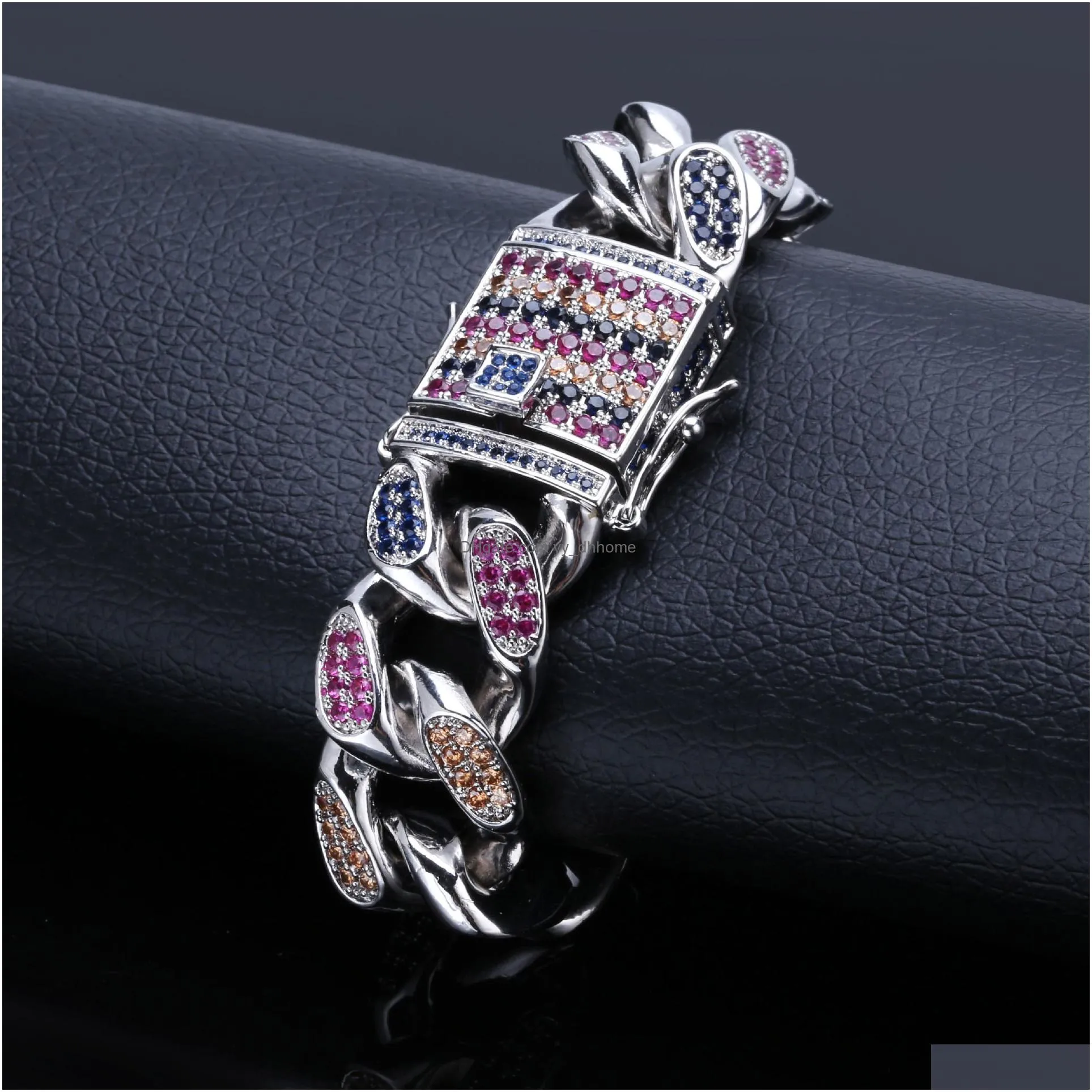 18k gold white gold multicolor cz cubic zirconia rainbow mens cuban chain bracelet  hip hop jewelry curb wristband chains for