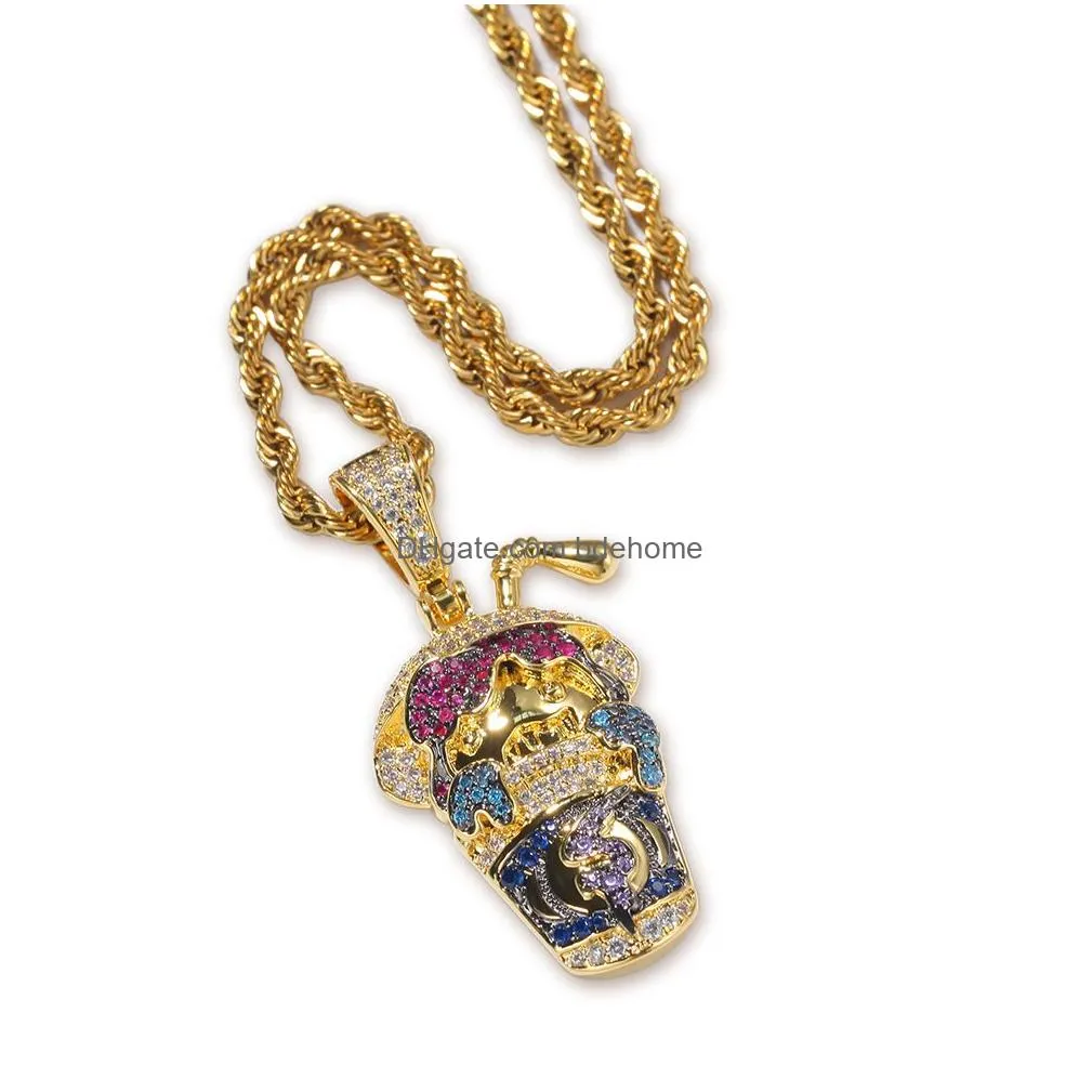 new fashion hip hop colorful bling bling diamond gold and white gold plated cartoon drinks cup pendatnt necklace rapper jewelry for