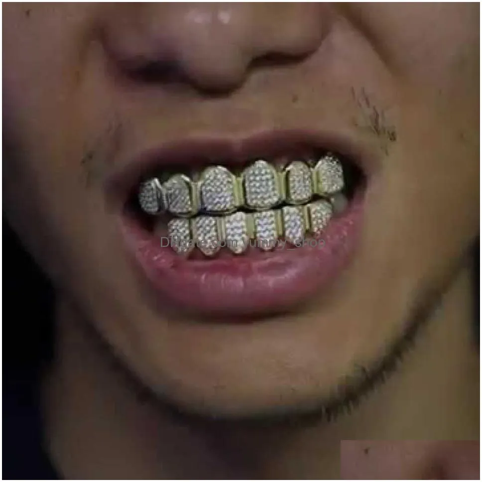 18k gold plated copper hip hop iced out vampire teeth fang grillz dental mouth grills braces tooth cap rock rapper jewelry for cosplay