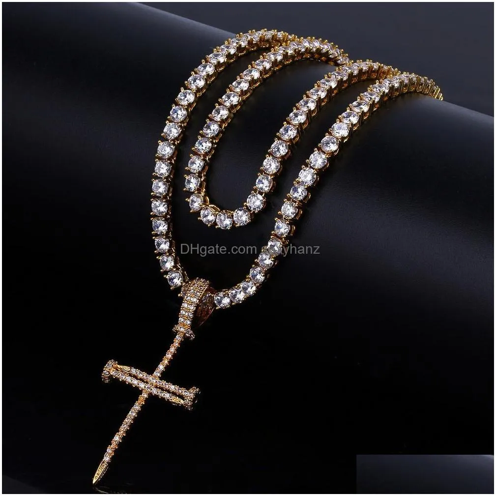 18k gold iced out cz cubic zirconia cross pendant necklace tennis chains for men and women full diamond hiphop rapper jewelry lovers