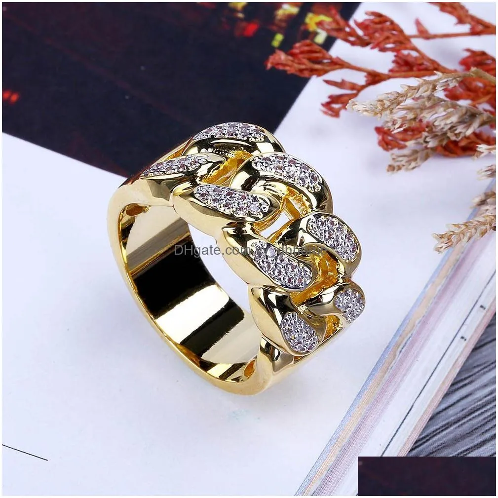 18k gold cz cubic zirconia hollowed cuban link chain ring band designer luxury iced out diamond hip hop jewelry gifts for lovers