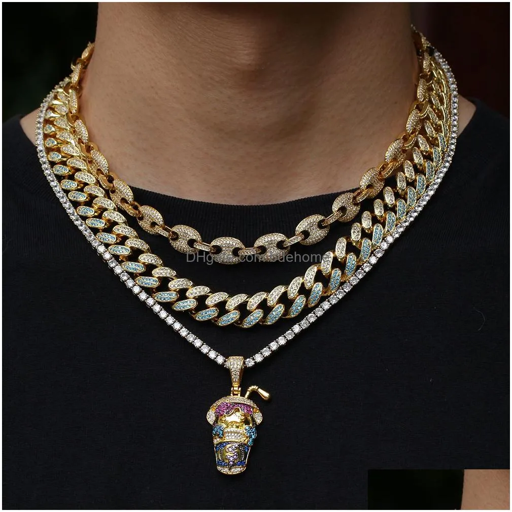 new fashion hip hop colorful bling bling diamond gold and white gold plated cartoon drinks cup pendatnt necklace rapper jewelry for