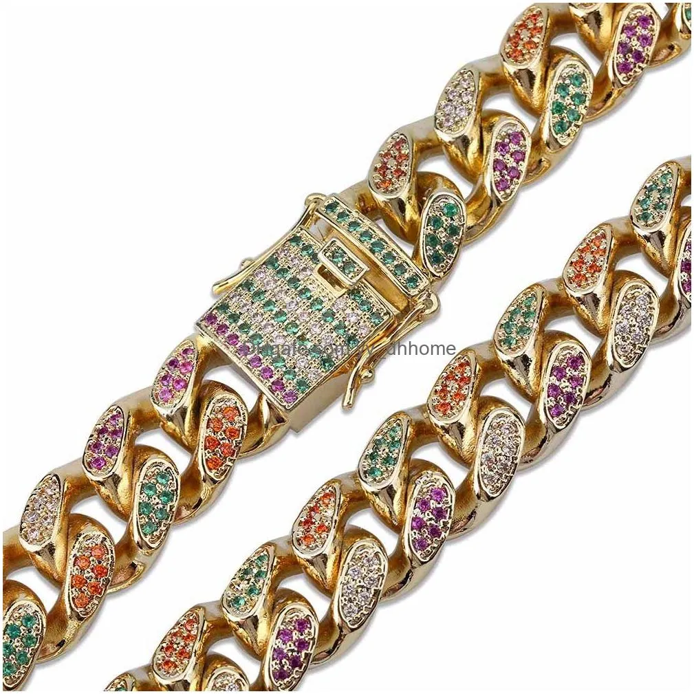 18k gold white gold multicolor cz cubic zirconia rainbow mens cuban chain bracelet  hip hop jewelry curb wristband chains for