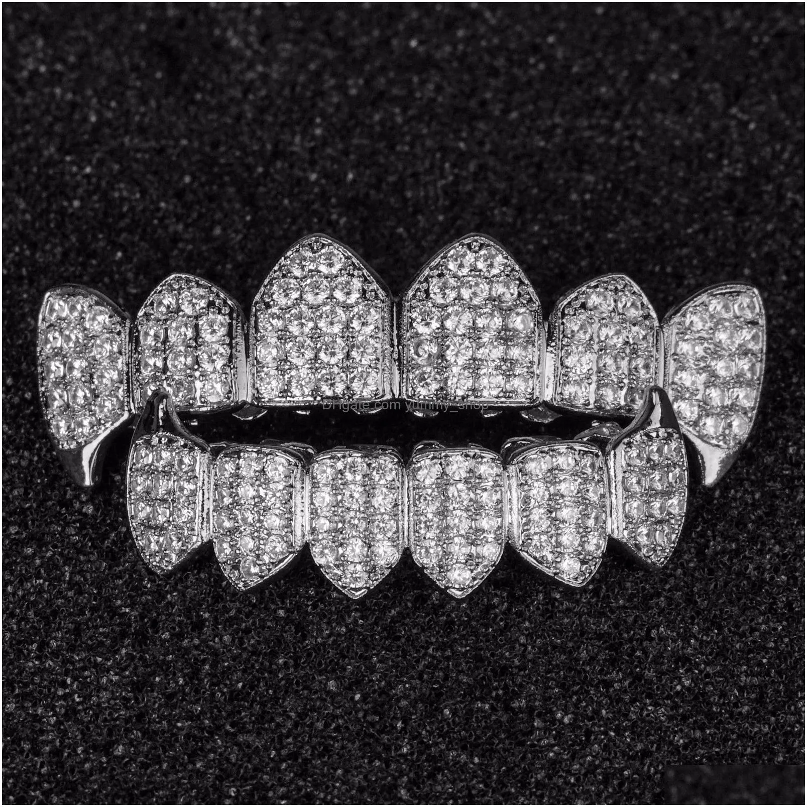 18k gold plated copper hip hop iced out vampire teeth fang grillz dental mouth grills braces tooth cap rock rapper jewelry for cosplay