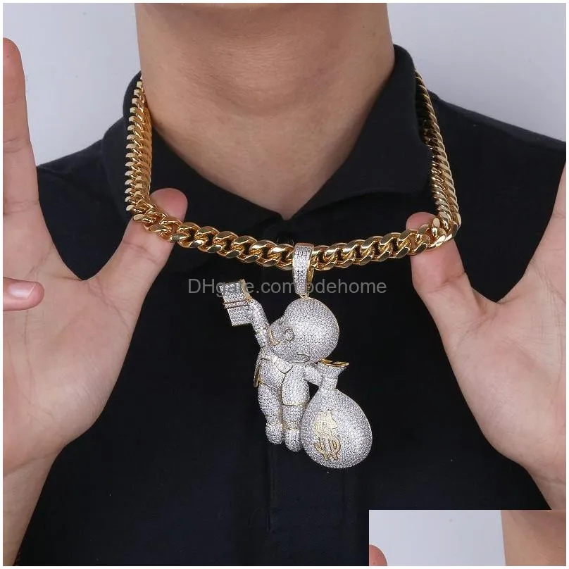 new fashion 18k gold hip hop cartoon big money bag necklace personalized multi color iced out cz zirconia chains jewelry gifts for