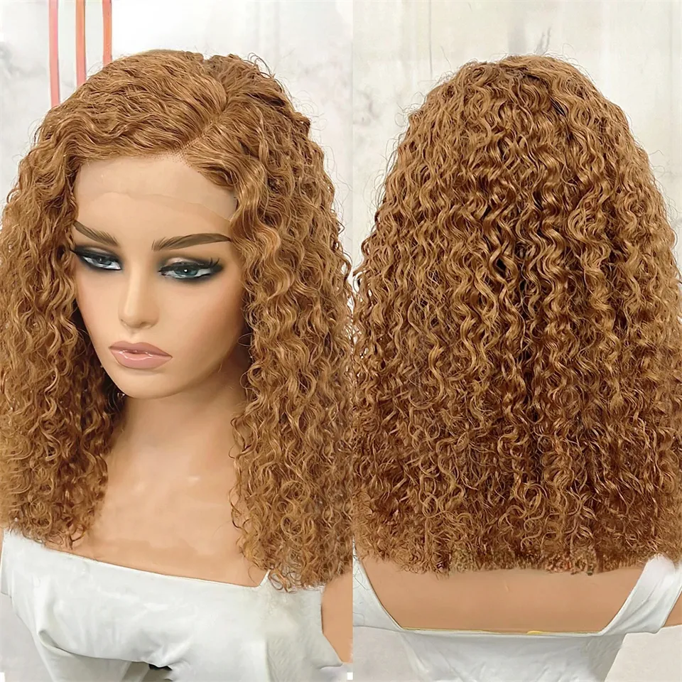 Brazilian Honey Blonde Deep Curly Lace Front Wig 13X4 HD Lace Frontal Wigs Brown Blonde Highlight Curly Short Bob Synthetic Wig for Black Women