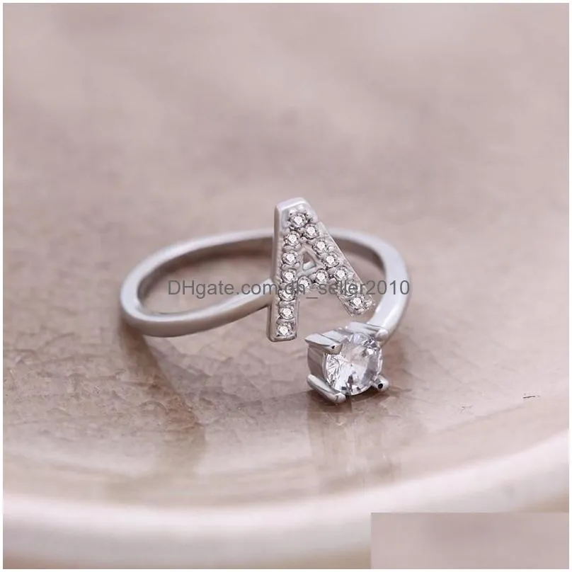 White Gold Cubic Zirconia AZ English Initial Letters Custom Name Finger Ring Bling Diamond Free Size Open Cuff Rings DIY Jewelry for