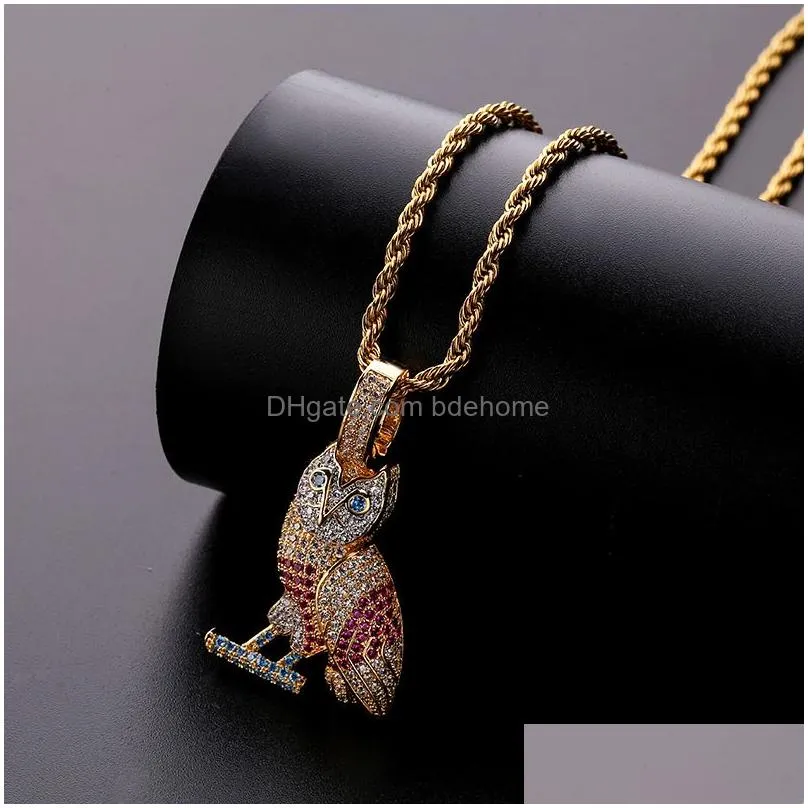 mens hip hop 18k gold multicolor cubic zirconia owl necklace twist chain iced out animal pendant cartoon rapper jewelry gifts for