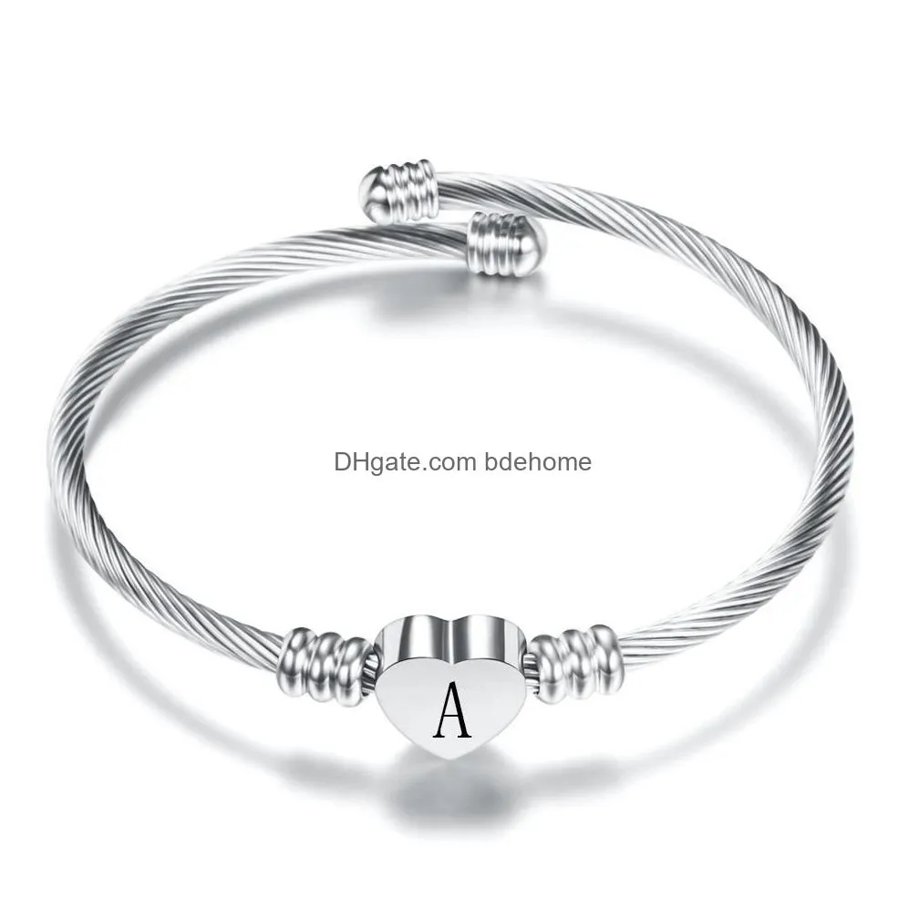 new designer titanium stainless steel az initial letter heart womens open cuff bangle bracelet silver gold jewelry gift for women