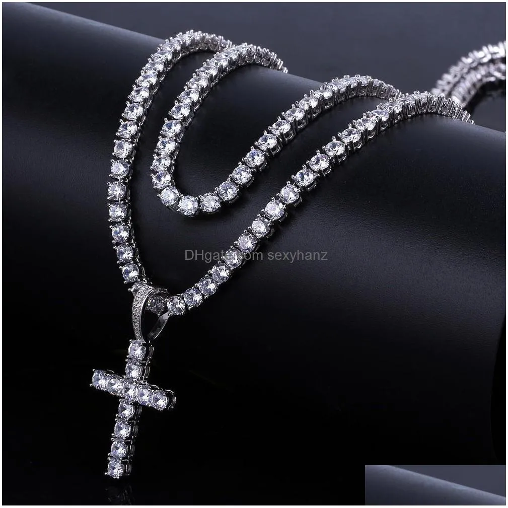 18k gold iced out cz cubic zirconia cross pendant necklace tennis chains for men and women full diamond hiphop rapper jewelry lovers