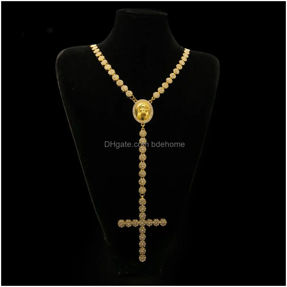 2019 new gold plated cubic zirconia mens jesus round portrait cross tennis chain necklace rosary designer luxury hip hop jewelry for