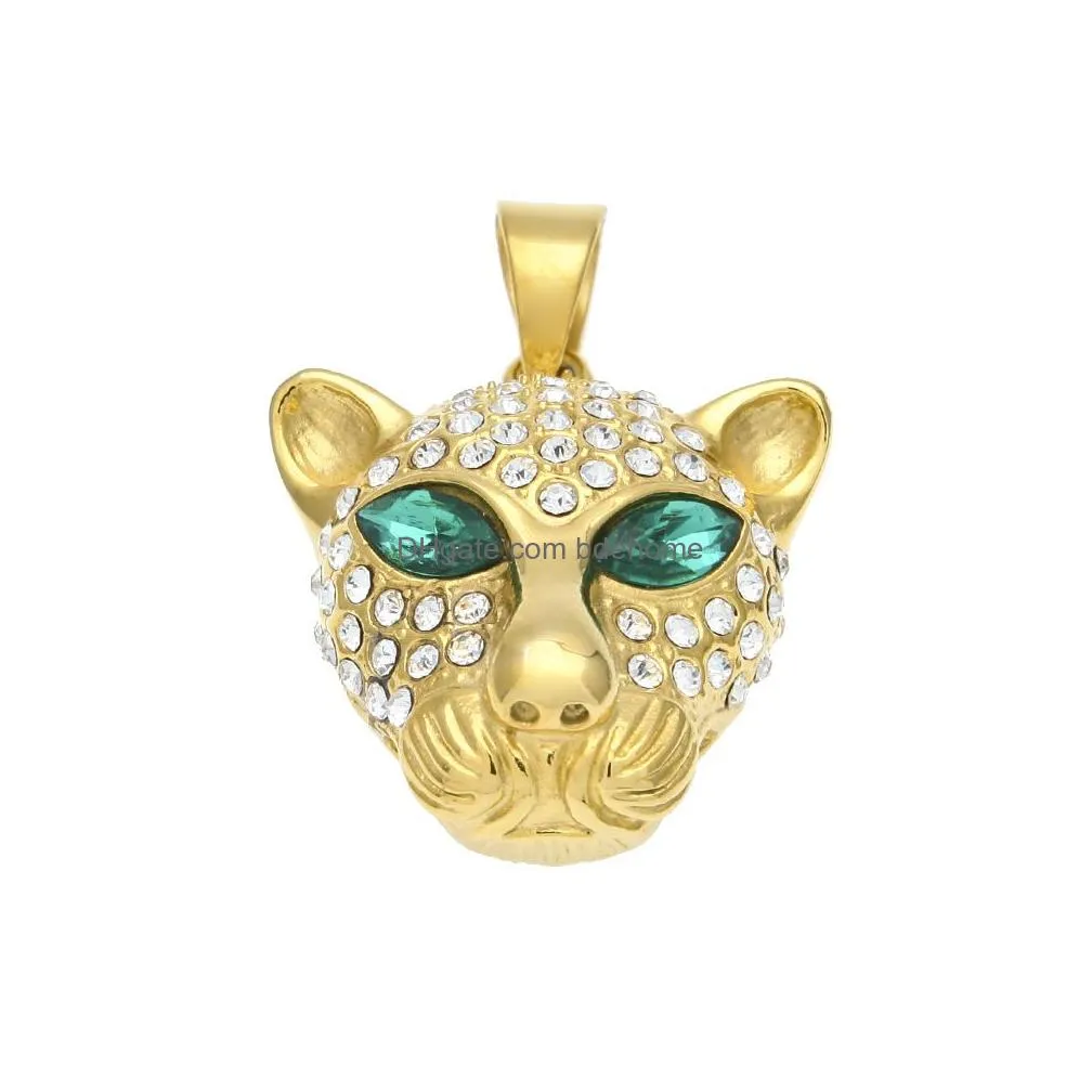 new fashion hip hop mens gold plated bling green diamond eyes leopard cuban chain necklace cartoon animal pendant jewelry for guys for