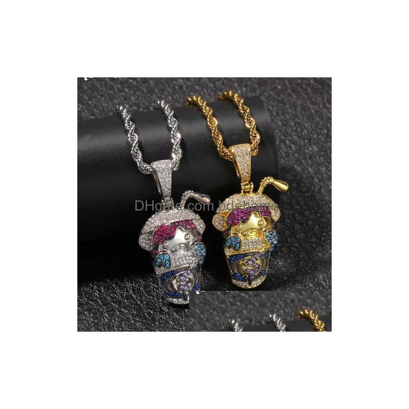 new fashion hip hop colorful bling bling diamond gold and white gold plated cartoon drinks cup pendatnt necklace rapper jewelry for