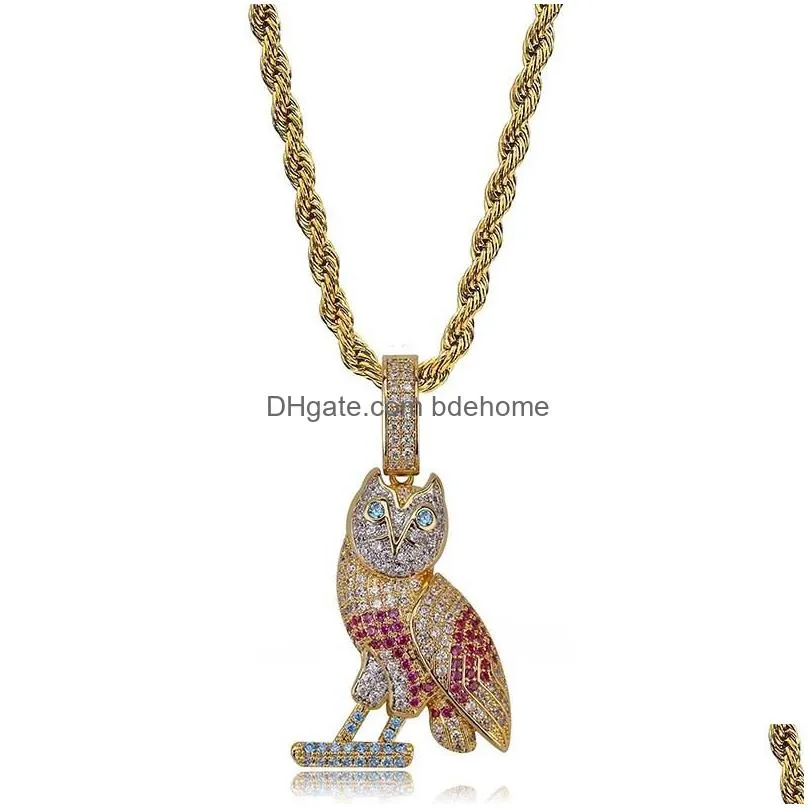 mens hip hop 18k gold multicolor cubic zirconia owl necklace twist chain iced out animal pendant cartoon rapper jewelry gifts for