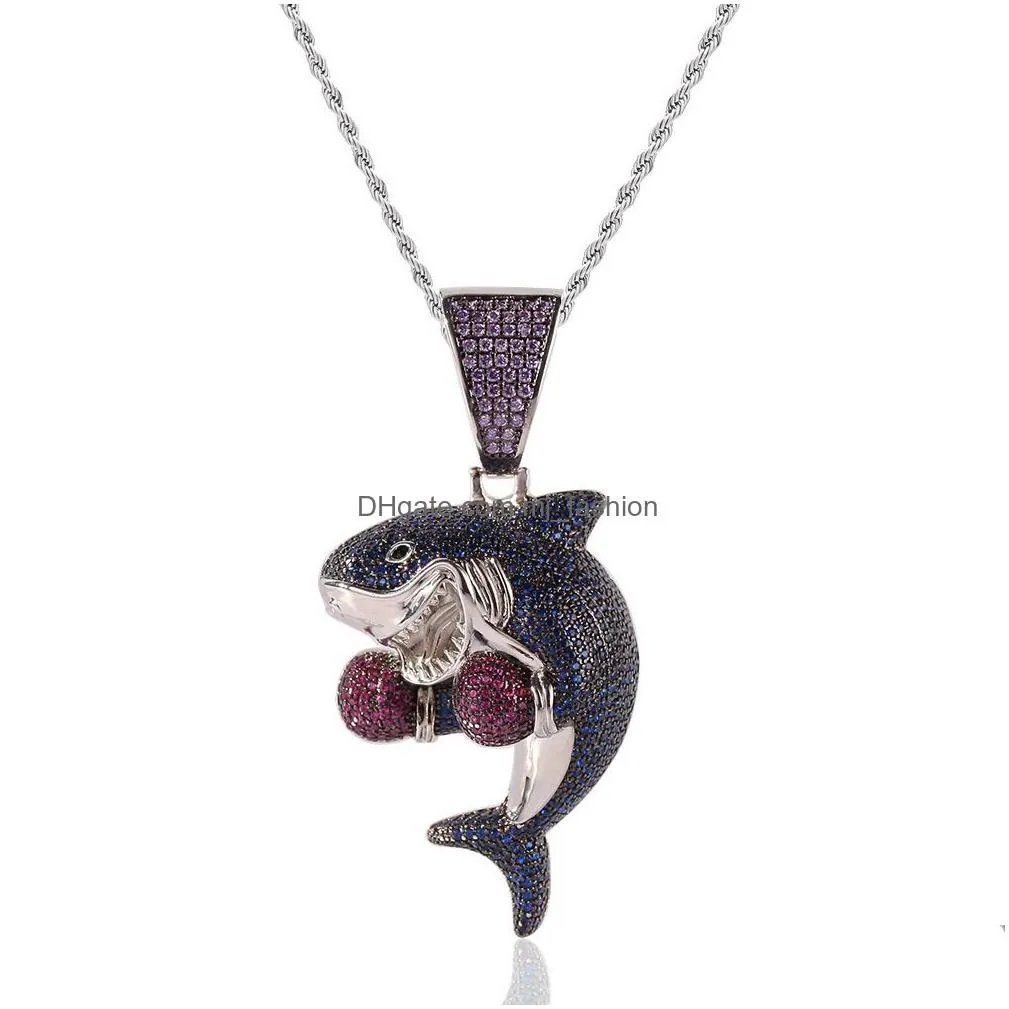 18k gold white gold iced out multicolor blue diamond boxing shark mens necklace designer luxury full diamond hip hop jewelry gifts for