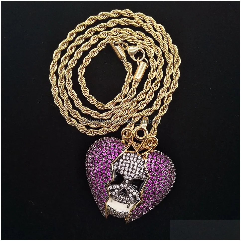 new fashion 18k gold hip hop personalized skeleton broken heart chain necklace colorful iced out purple cz cubic zircon for men and
