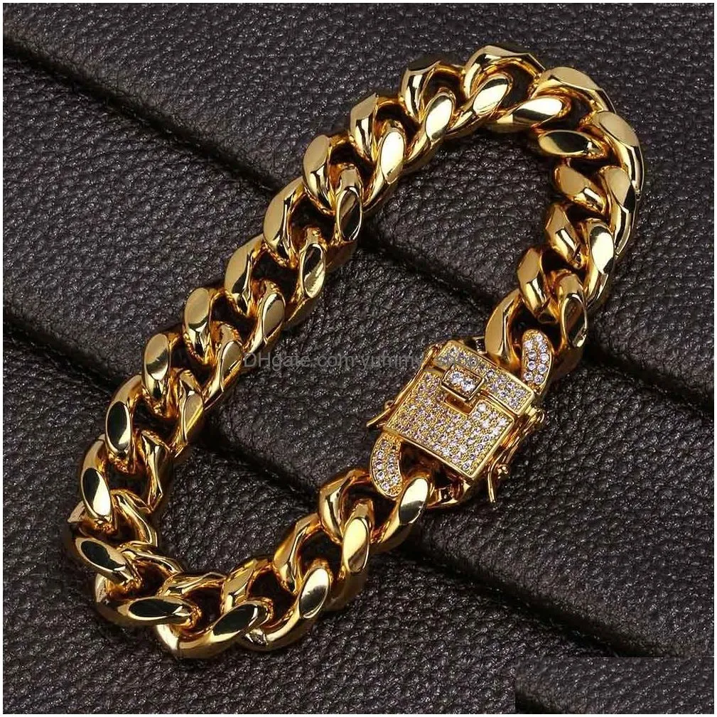  fashion gold white gold mens hip hop cuban link chain bracelet miami rock rapper wristband jewelry wrist chains gift for boys for