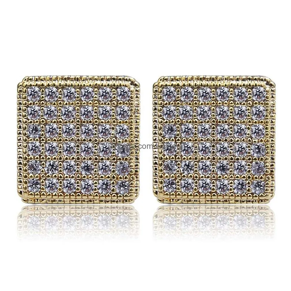 18k gold hip hop iced out full cubic zirconia square earring stud 1cm for men women girls diamond stud earrings rapper jewelry