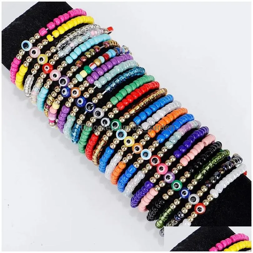 evil turkish eye bracelet handmade rope chain colorful crystal rice beaded elasticity bracelets for women mens jewelry