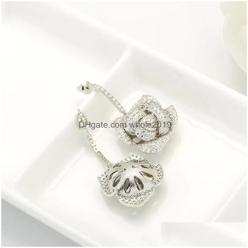 bling s925 silver needle rose flower dangle drop earrings wedding jewelry women gift