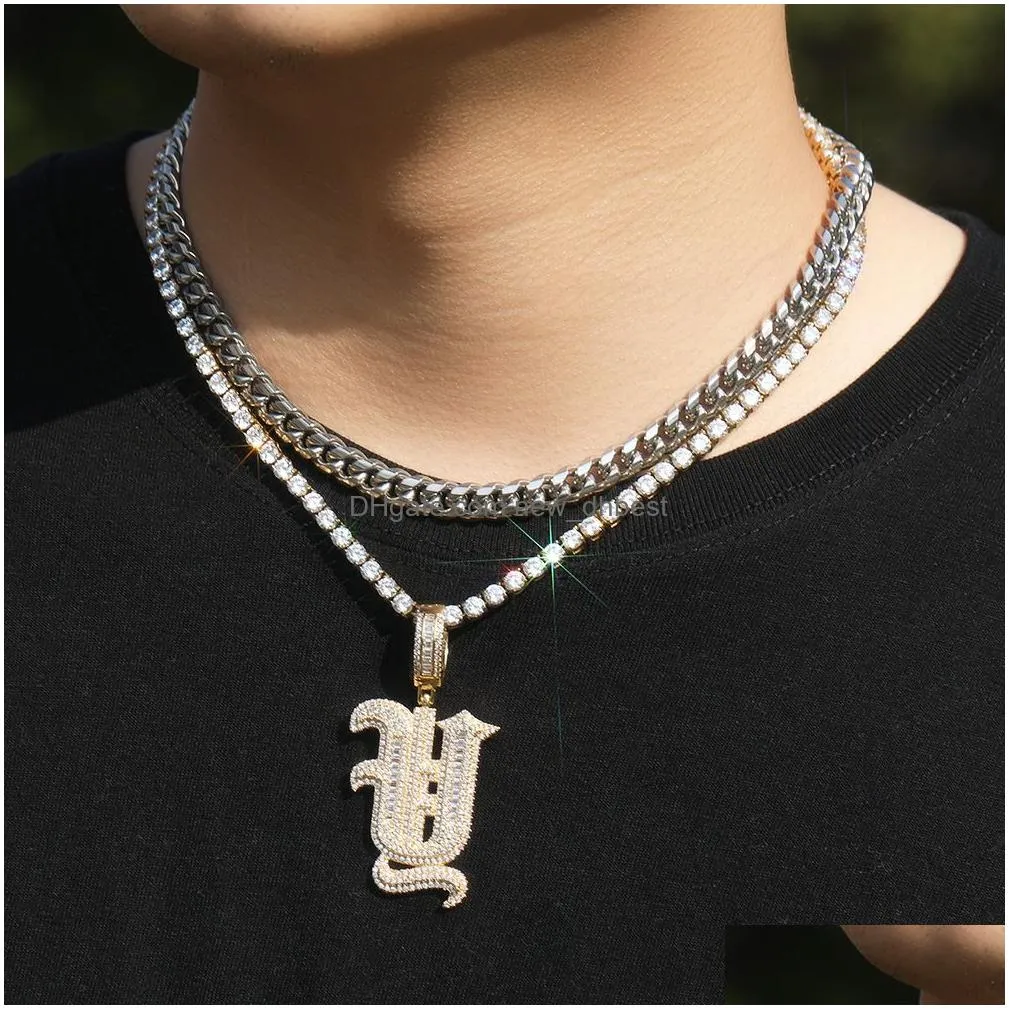 old english letter pendant necklaces customizable zircon bling real gold plated for stylish looks