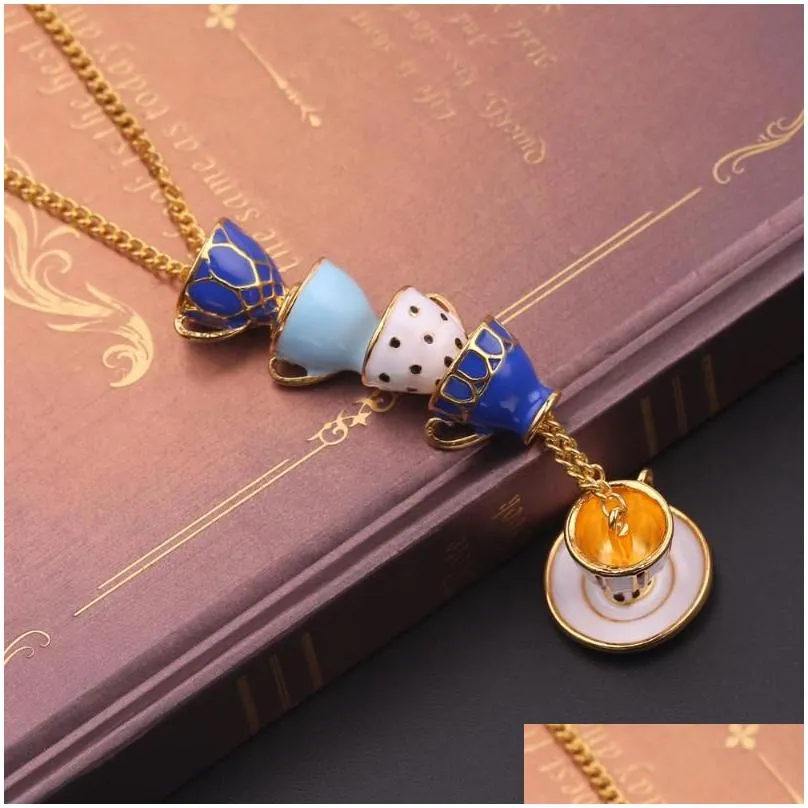 pendant necklaces long tea cups stack necklace hand made teacup sweater chain stereoscopic enamel jewelry women collar