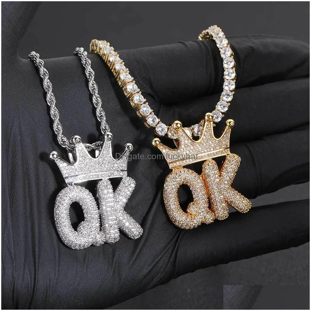 topbling hip hop az custom letter pendant necklace charm crown buckle 18k real gold plated jewelry