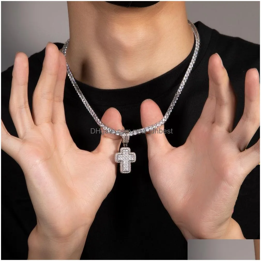 shining diamond stone cross pendants necklace jewelry 18k real gold plated bling men women gift religious jewelry