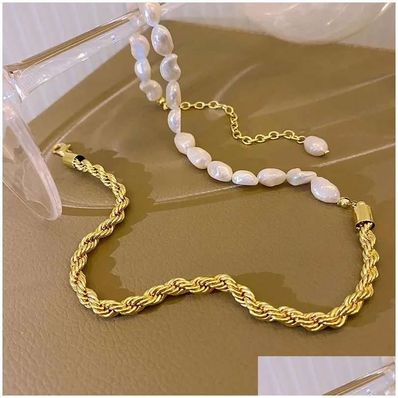 pearls pendant necklaces natural freshwater pearl necklace for women vintage twist stitching chain choker ins jewelry