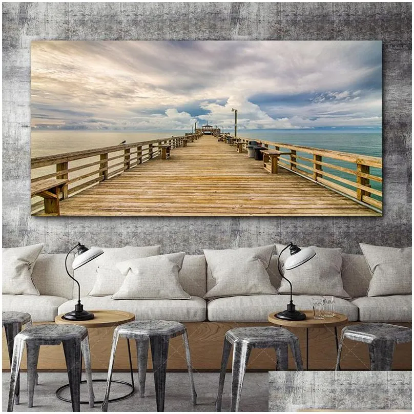 beach landscape canvas painting indoor decorations wood bridge wall art pictures for living room home decor sea sunset prints