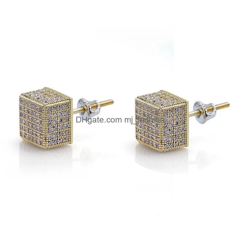 hip hop mens screwback stud earrings fashion square white zircon dangle earrings gold plated vintage geometric jewelry wholesale