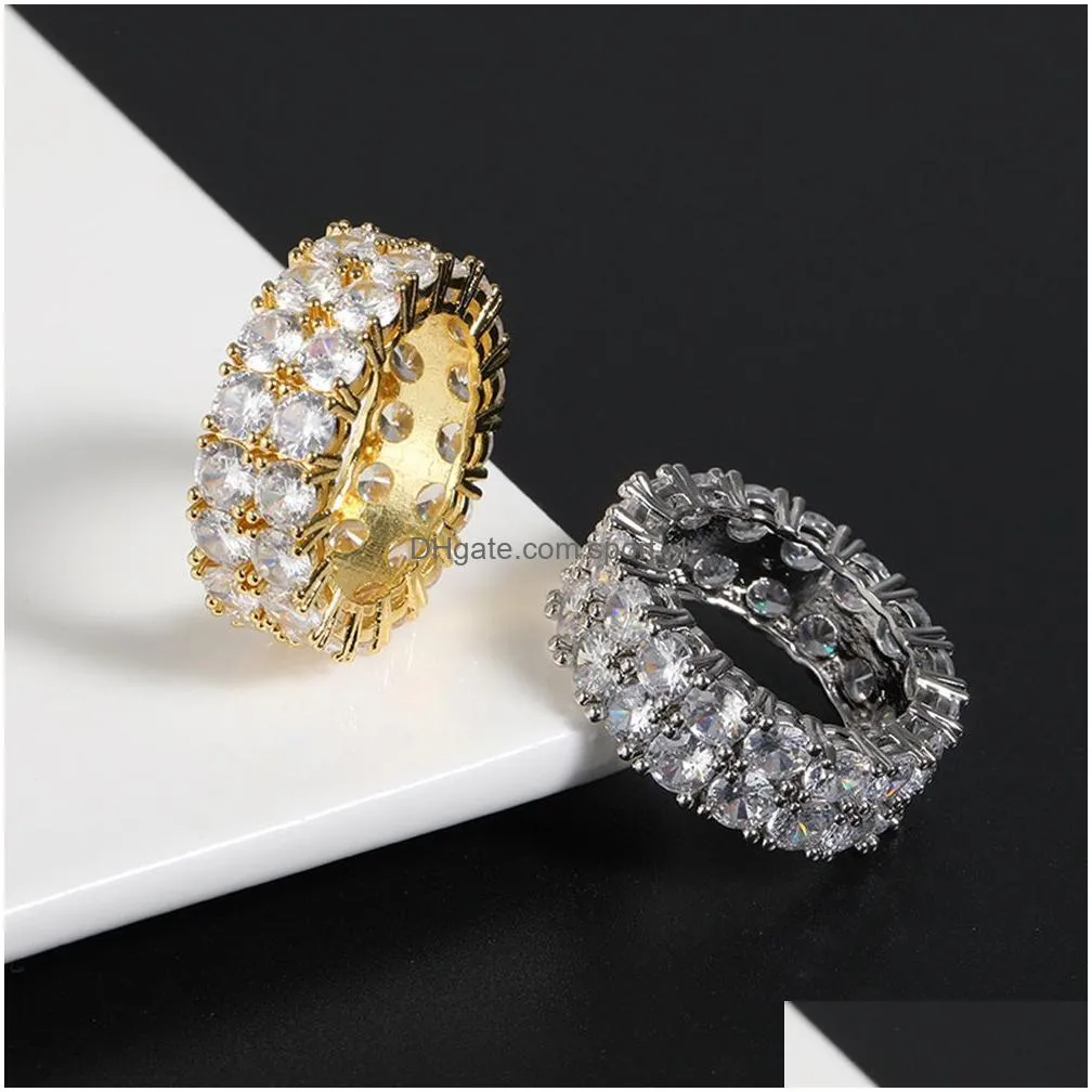 hip hop shiny double layers white zirconia bling ring 18k real gold plated women mens finger ring rap ring