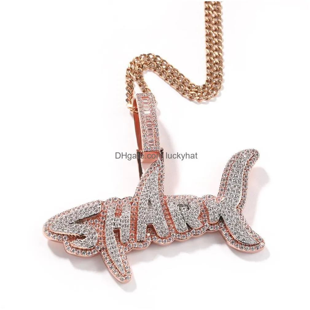 hip hop shark letters pendant necklace jewelry for women men real gold plated
