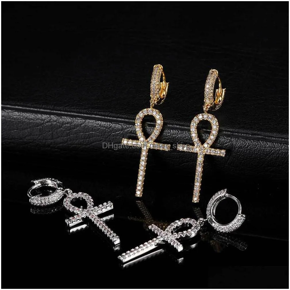 hip hop shining cross drop earrings full white zircon dangle earrings platinum plated jewelry