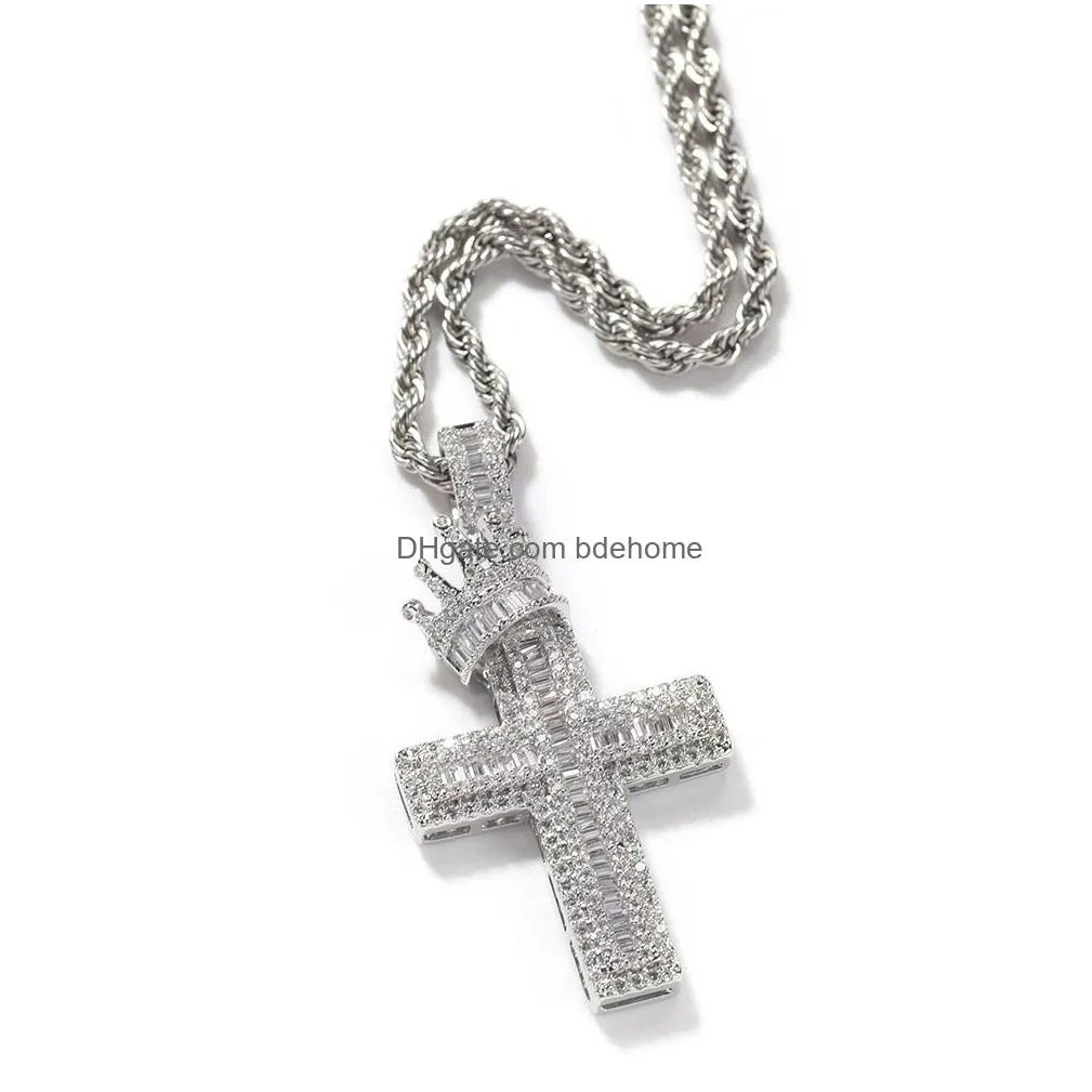 hip hop crown cross pendant necklace bling religious jewelry full cubic zirconia men women gift