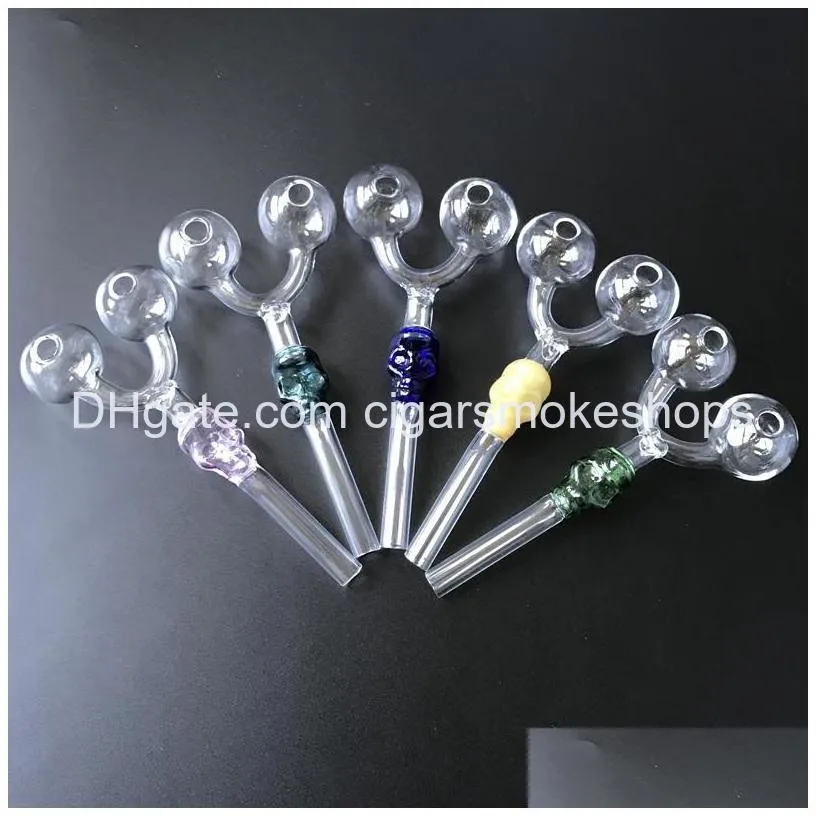 unique skull glass pipe double tube oil burner pipes smoking oil rig tobacco pyrex glass pipes small mini 6 inch colorful hand pipe