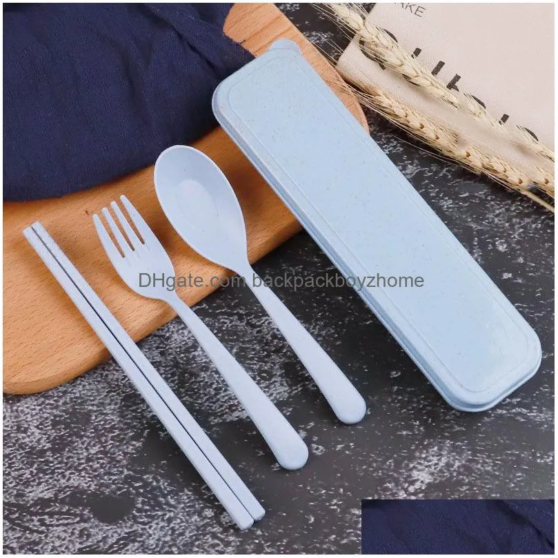 environmental wheat platycodon straw cutlery set flatware sets portable camping tableware spoon fork chopsticks customized logo