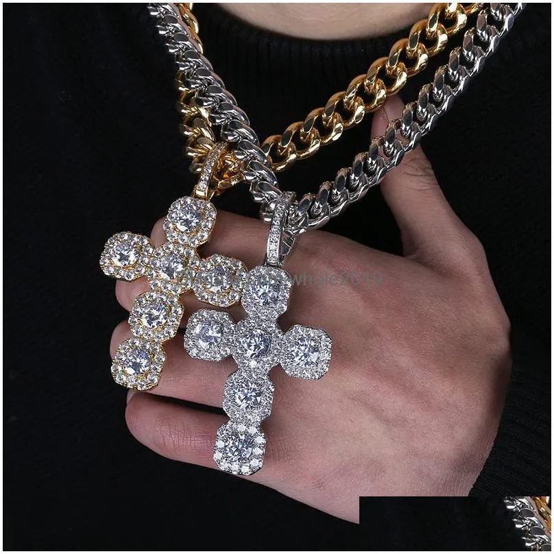 zircon hip hop cross necklace real gold plated bling for men large pendant jewelry