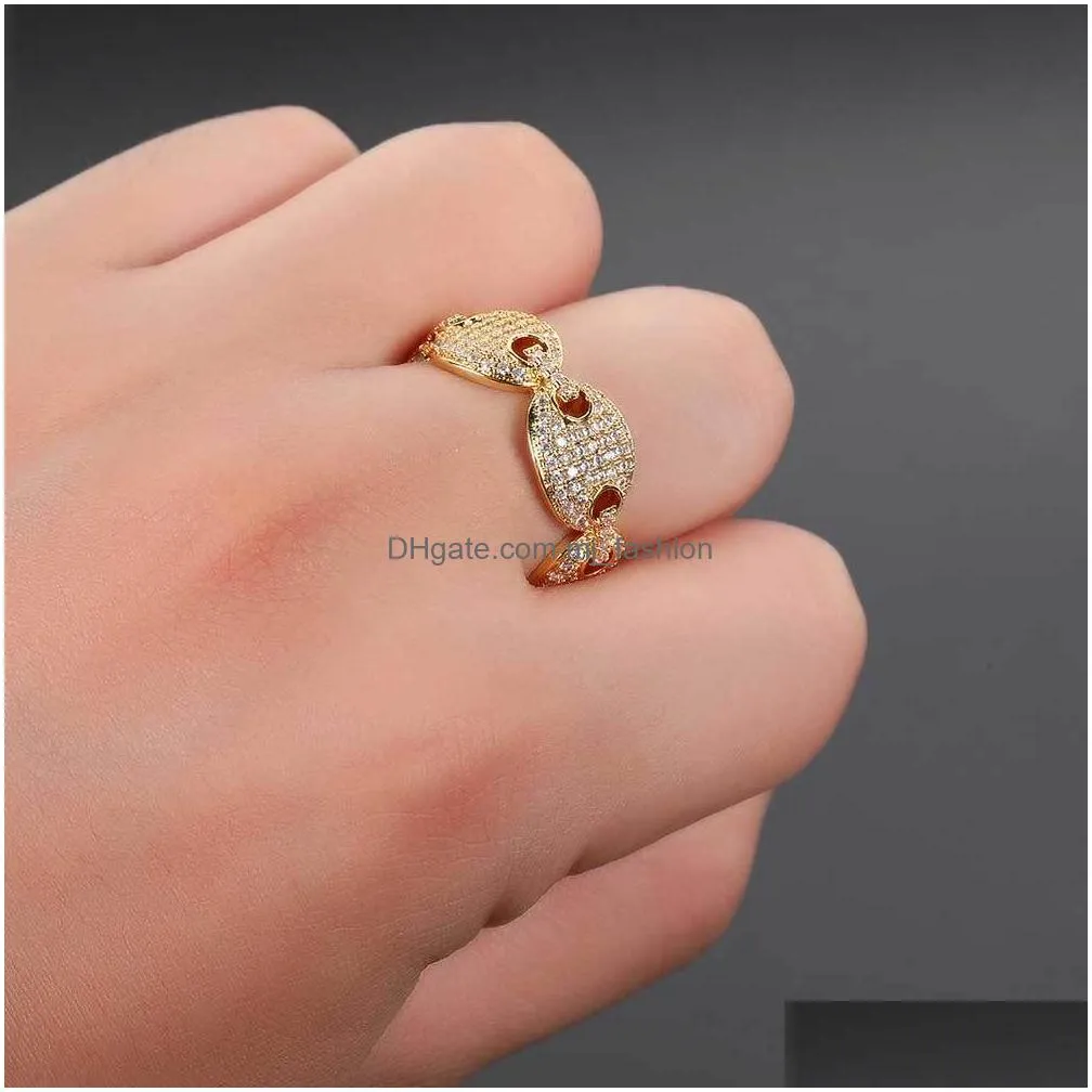 hip hop handcuffs shape rings jewelry bling zircon coffee beans finger circle 18k real gold plated