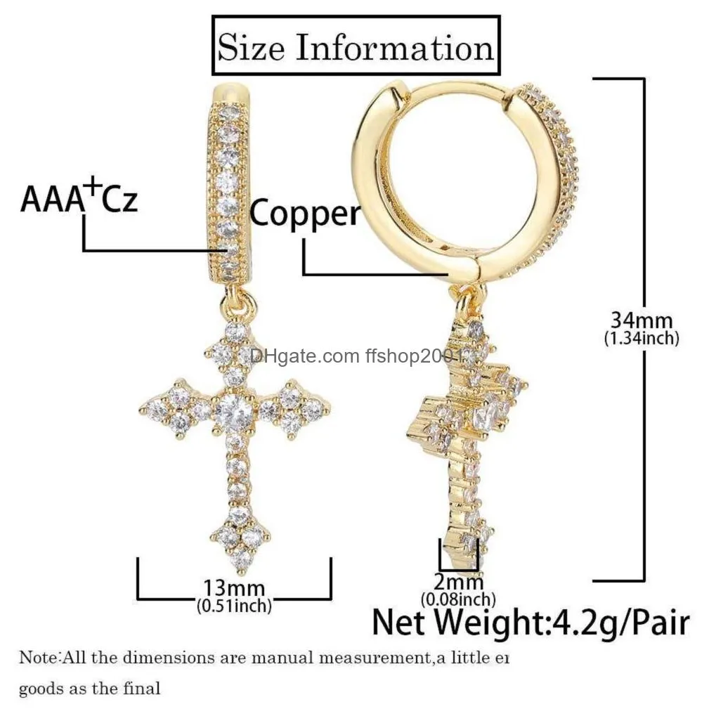 hip hop cross dangle earrings full white zircon hoop drop earrings real gold plated jewelry