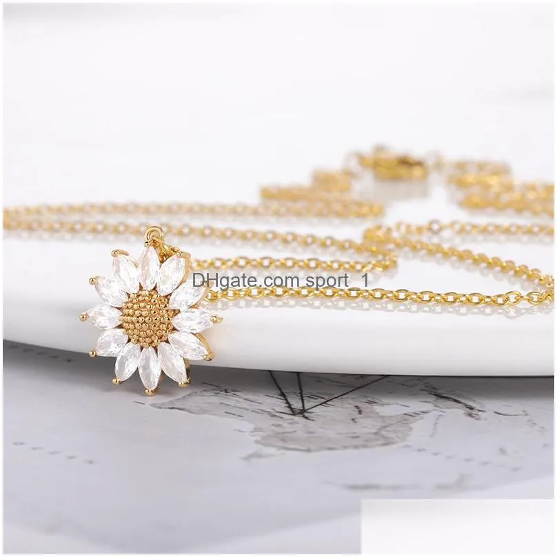 stainless steel sunflower pendant necklace 18k real gold plated bling zircon classic jewelry