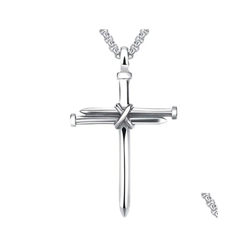 mens jewelry stainless steel nail and rope cross pendant necklace