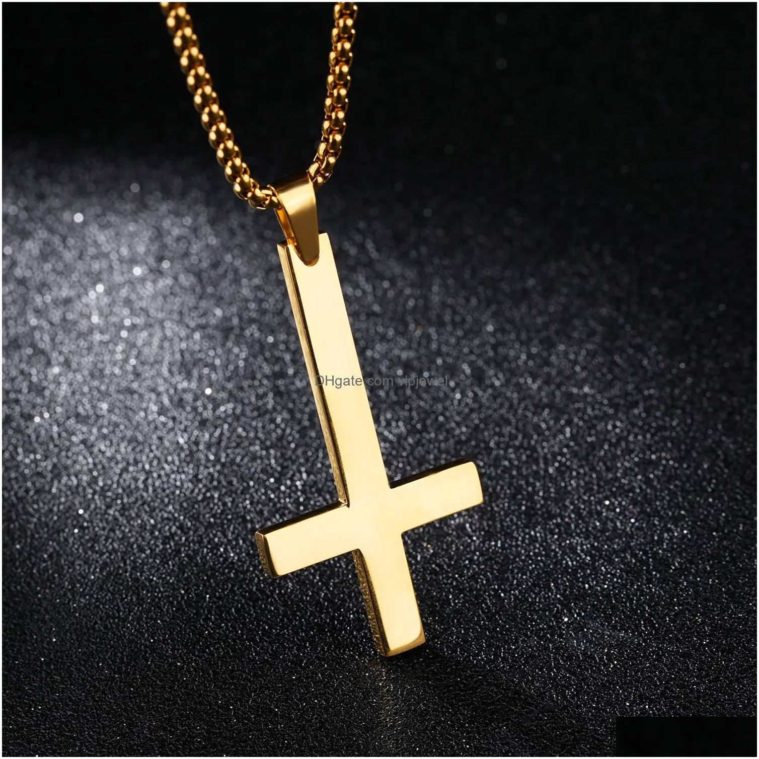 glossy upside down cross pendant necklace 18k gold plated necklace stainless steel religious jewelry gold/silver/black